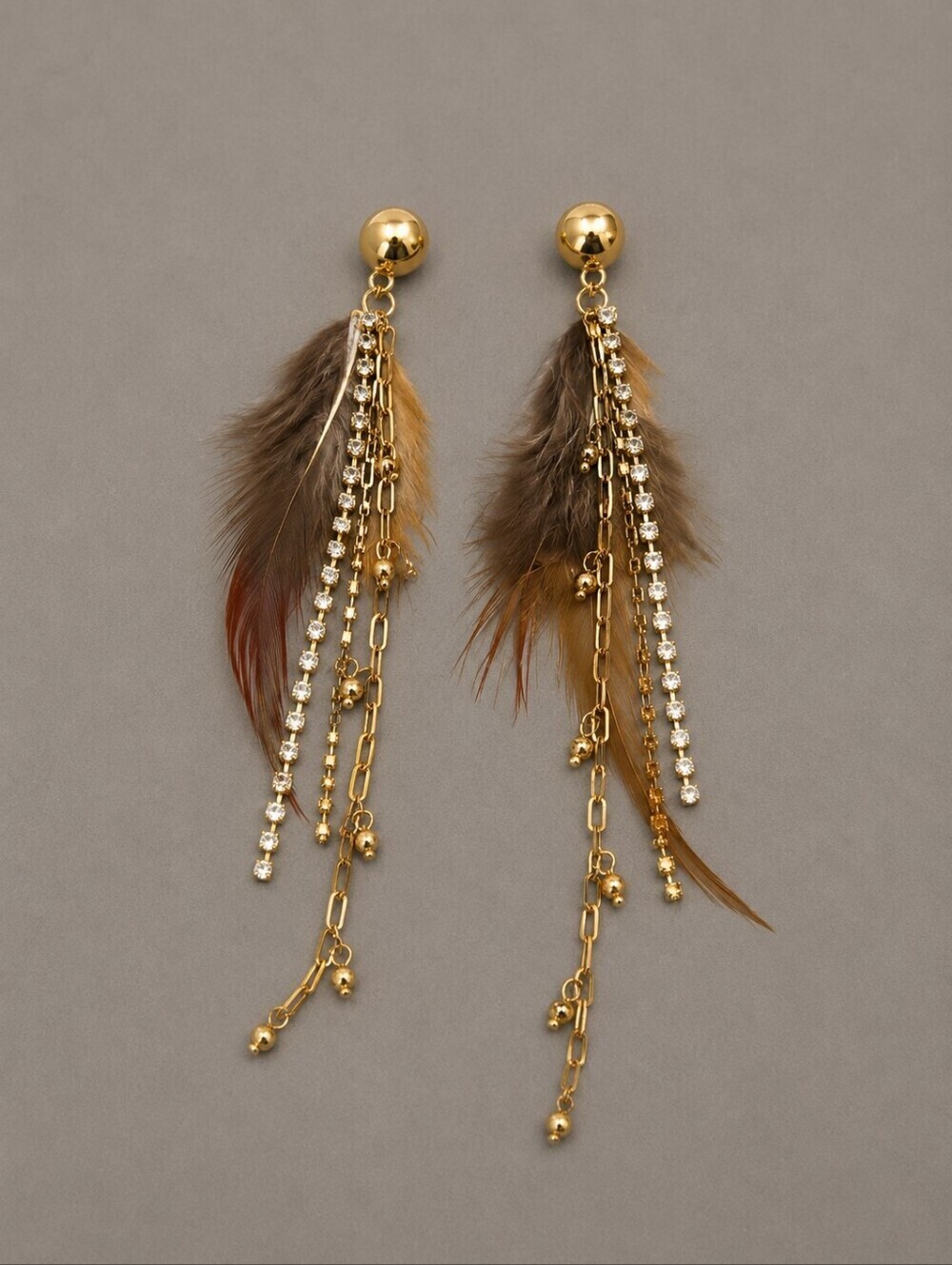 Elegant Goldtone and Brown Feather Drop Fringe Western Boho Festival Earrings